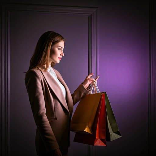 Femme élégante regardant un écran avec des sacs de shopping, éclairage soigné et ombres violettes douces